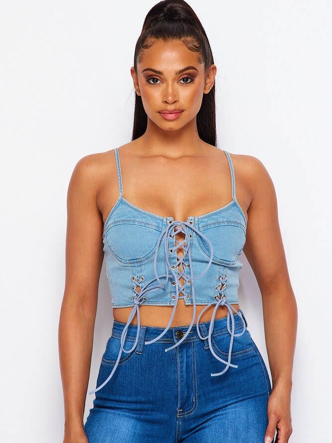 Top corto bustier con lacci Emily Denim (HDT29053ME) per la vendita all'ingrosso da parte di Hot & Delicious