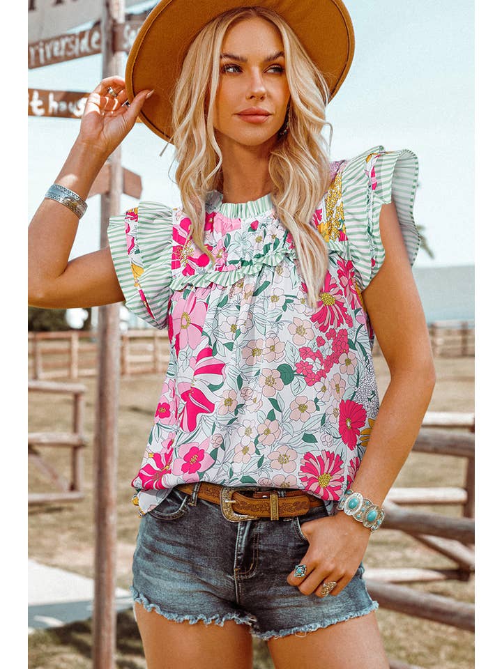 fashionworks - Wholesale Blouse - Women's - Fashion-W Floral Contrast Ruffle Trim Short Sleeve Blouse