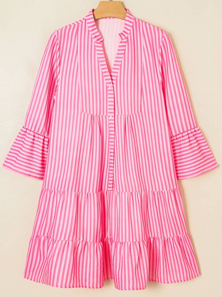 Stripe V-Neck Flare Sleeve Tiered Mini Dress for wholesale by PRETTY BASH