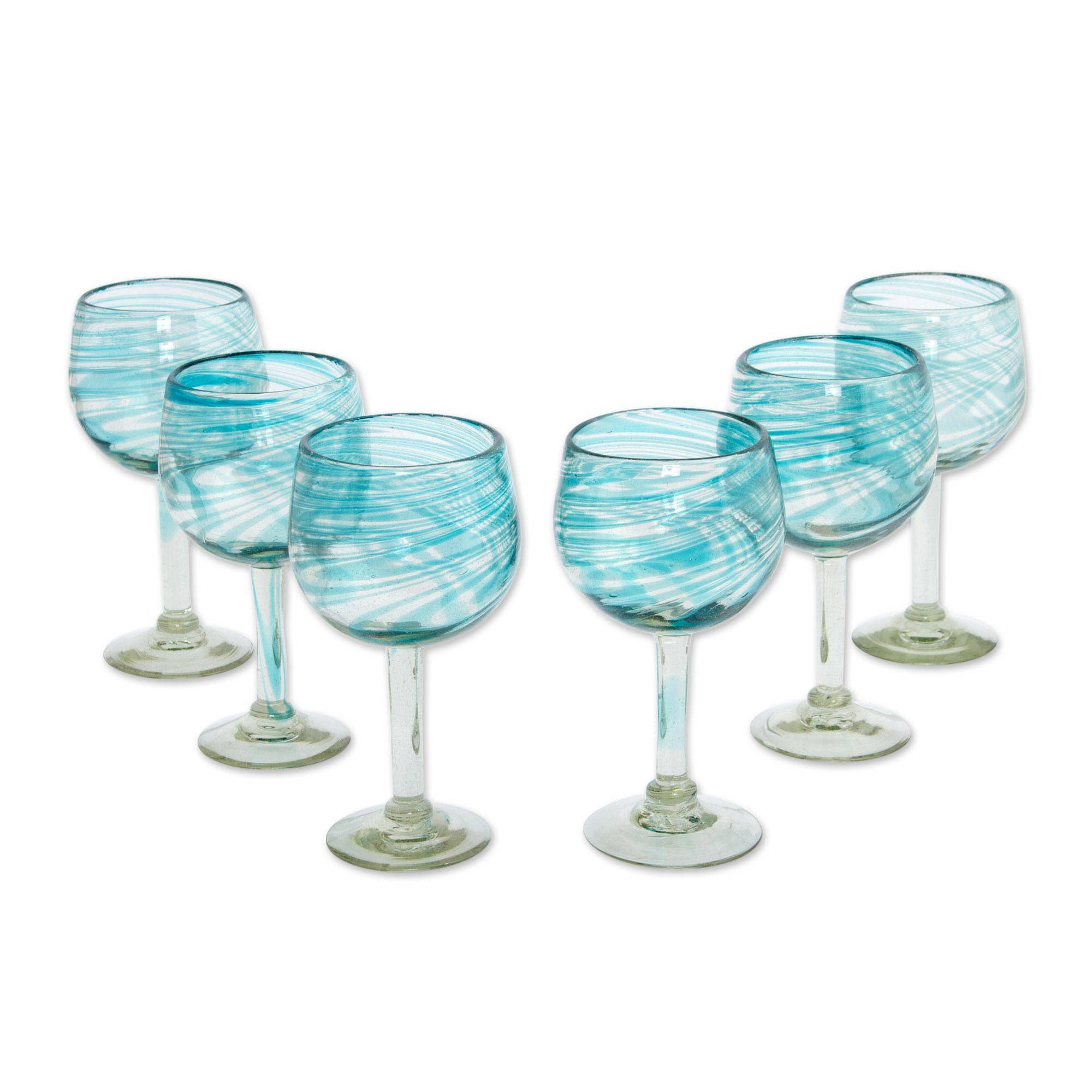 NOVICA - Wholesale Wine Glass - Elegant Aqua Swirl  Blown Wine Glasses (Set Of 6)3