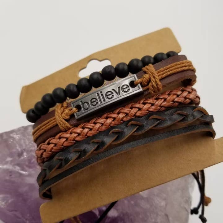 magnolia jewelry - Wholesale Jewelry Set - BELIEVE Braided Black Leather Bracelet for Men - Set Of 4