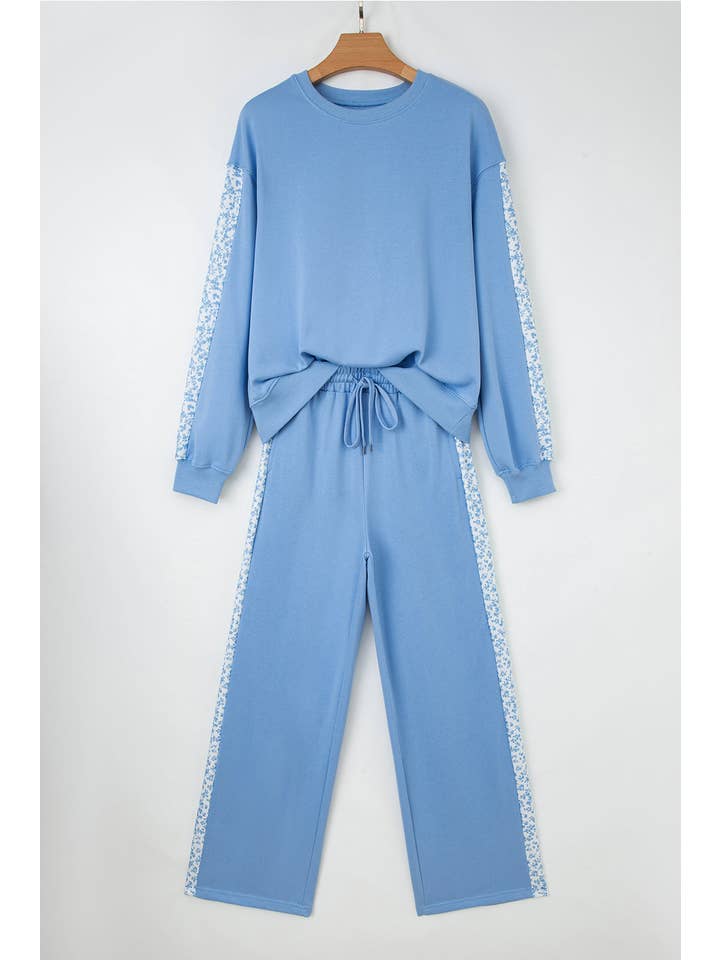 Beau Blue Floral Patchwork Pullover and Sweatpants Lounge Set for wholesale on Faire5