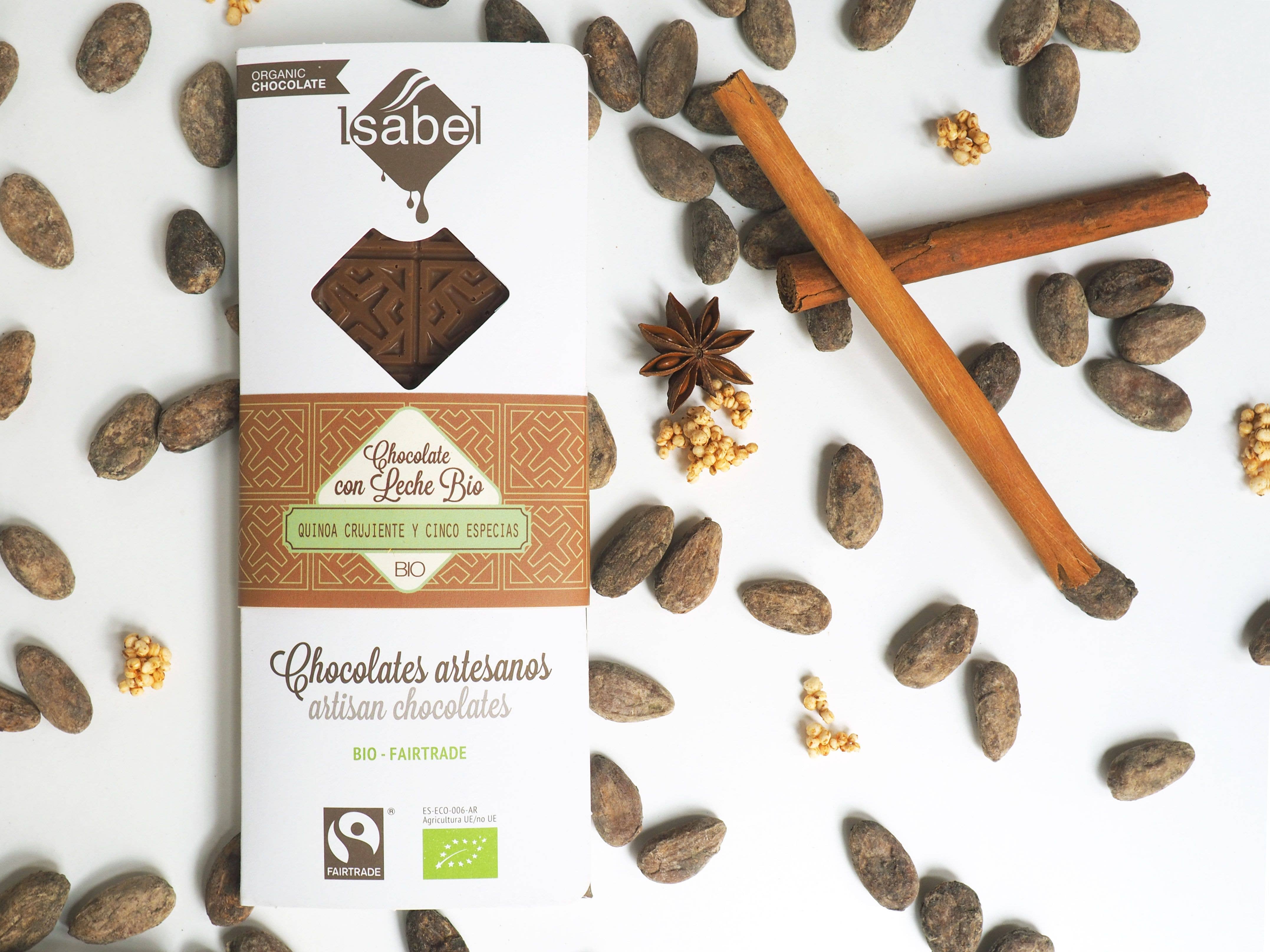 CHOCOLATES ARTESANOS ISABEL - Wholesale Chocolate Bar - BIO Chocolate tablet with MILK and crunchy QUINOA. 10u box2