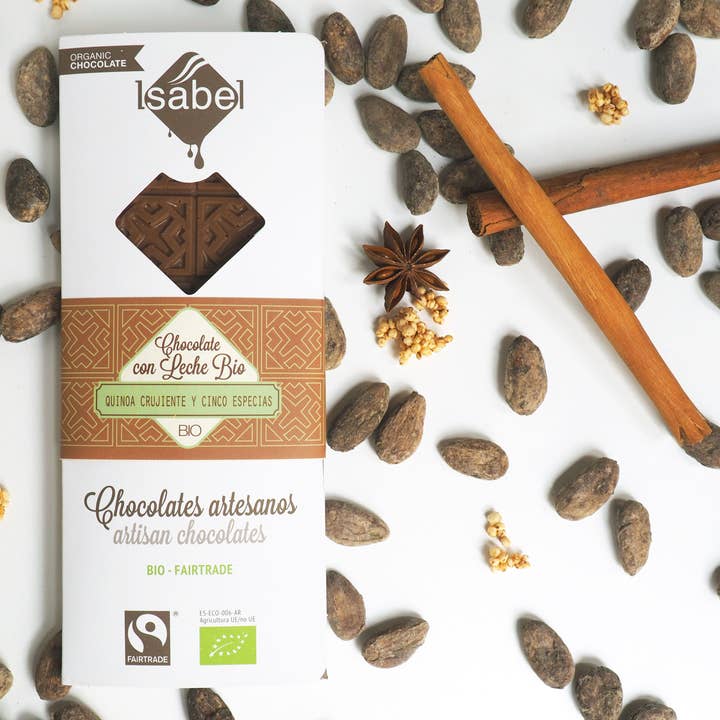 CHOCOLATES ARTESANOS ISABEL - Wholesale Chocolate Bar - BIO Chocolate tablet with MILK and crunchy QUINOA. 10u box2