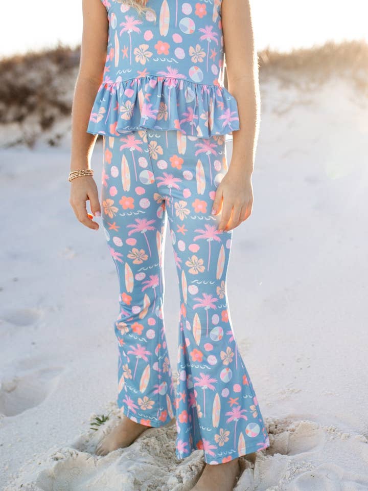 Adorable Sweetness - Wholesale Top & Pant Set - Kids - Kids Dusty Blue & Pink Summer Surf Print Flare Pant Set2