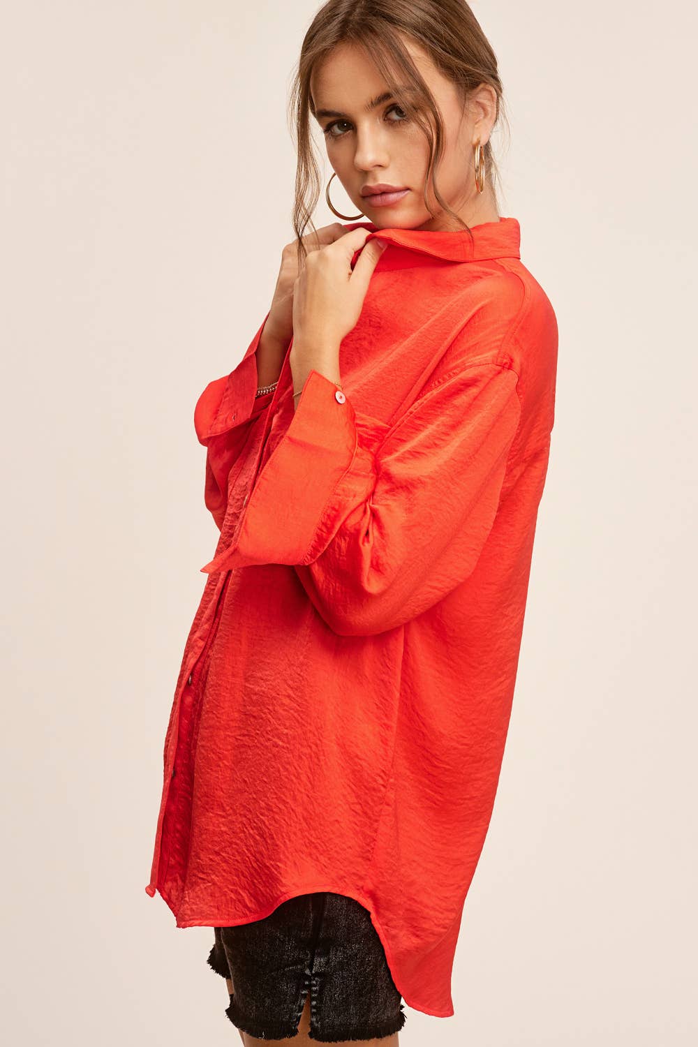 La Miel - Wholesale Button Down Shirt - Women's - SRT7452-Silky and Flowy Button Down Long Sleeve Shirts8