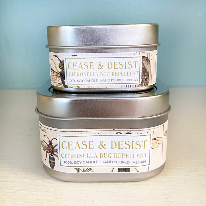 Cease & Desist Citronella Soy Candle in Small Tin for wholesale by Green Daffodil Bath & Body