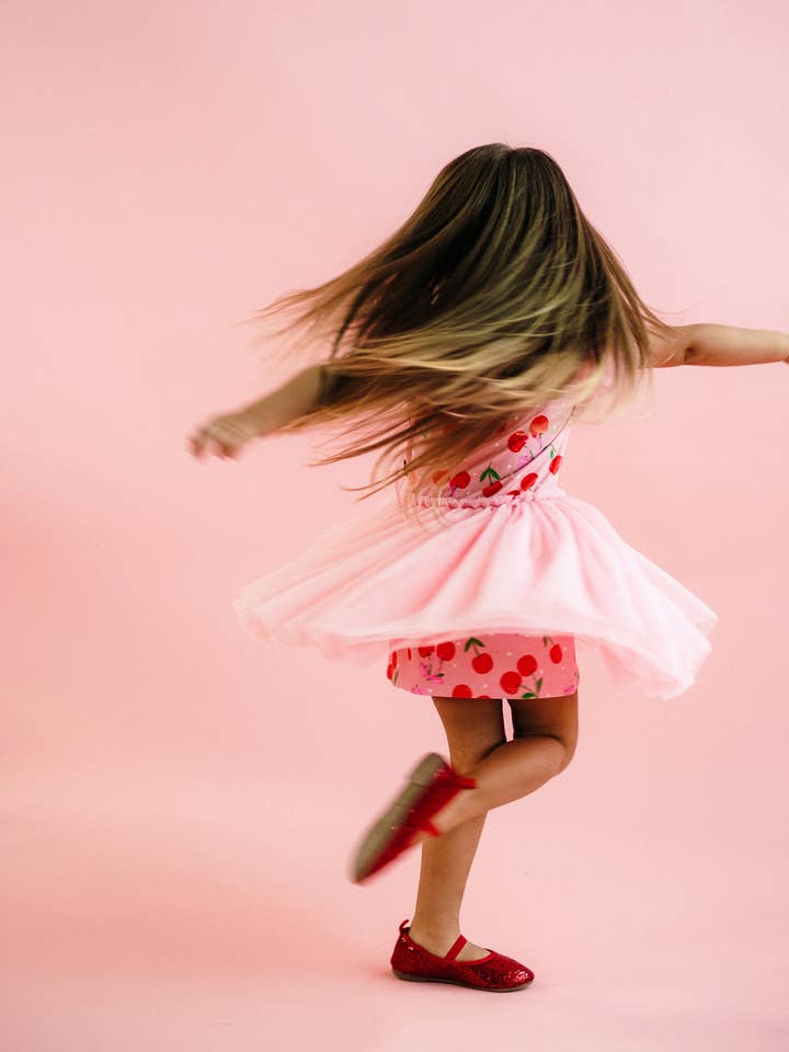 Pink POLKA CHERRY SHORT SLEEVE CIRCUS FRILL DRESS for wholesale on Faire4