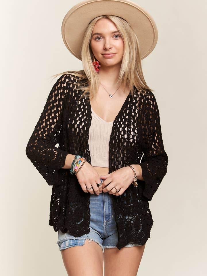 CROCHET CARDIGAN SCALLOPED HEM- LET3546 for wholesale by Madelyn