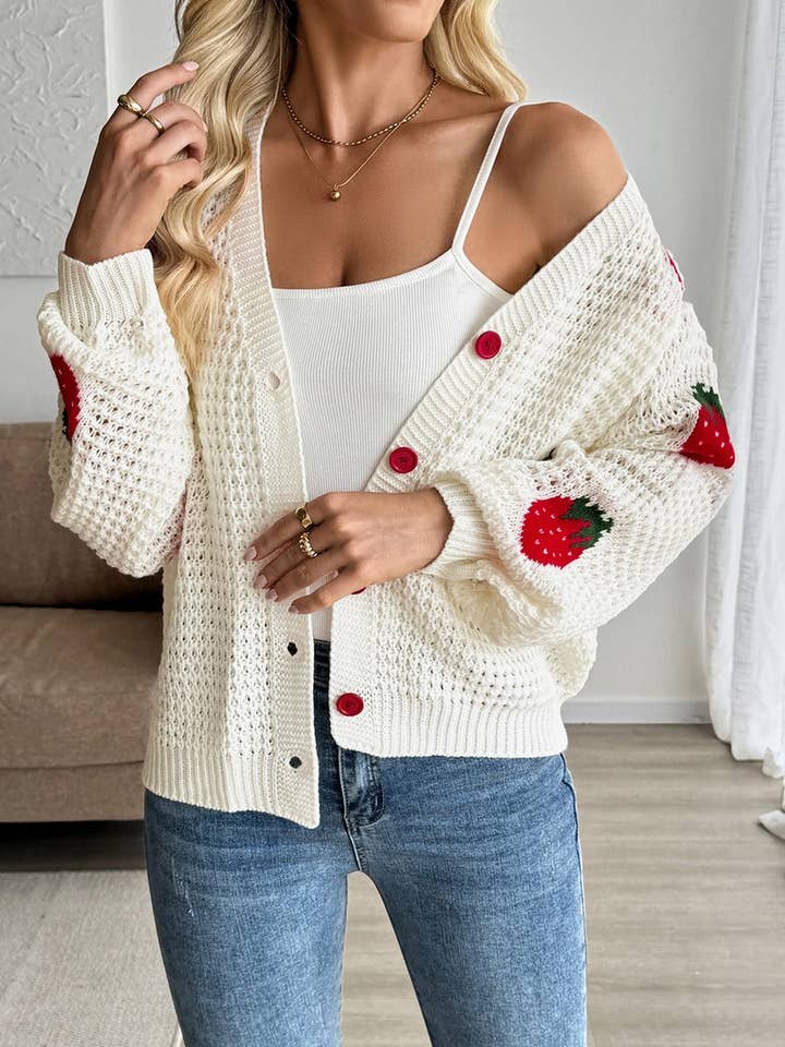 BEIGE CWOCAL2320_STRAWBERRY JACQUARD KNIT CARDIGAN for wholesale on Faire4