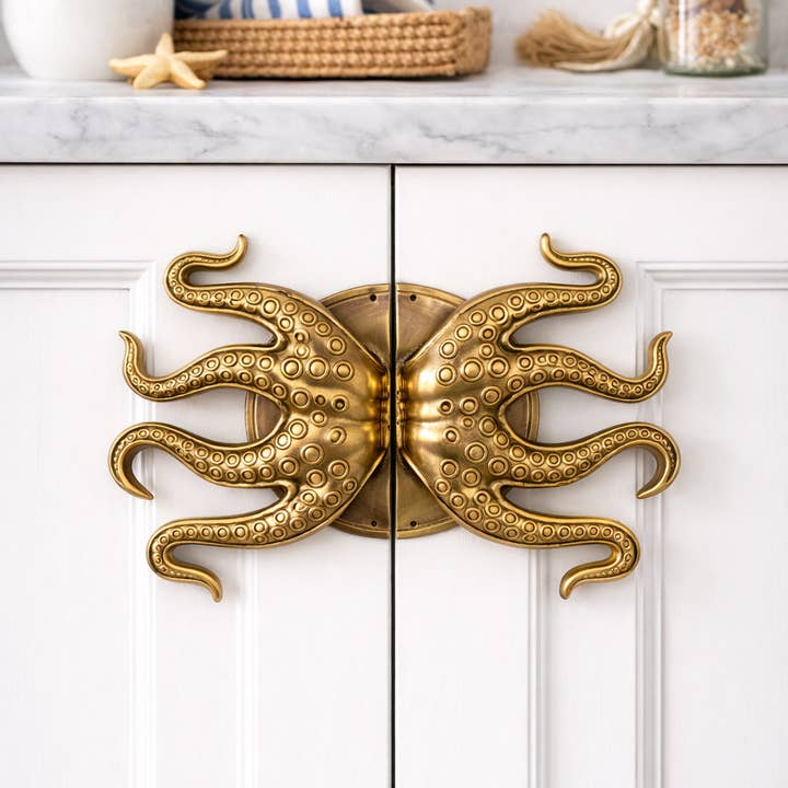 Brass Octopus Door Handle – Solid Brass Entry Door Pull (Left or Right) for wholesale by Ubud Glass