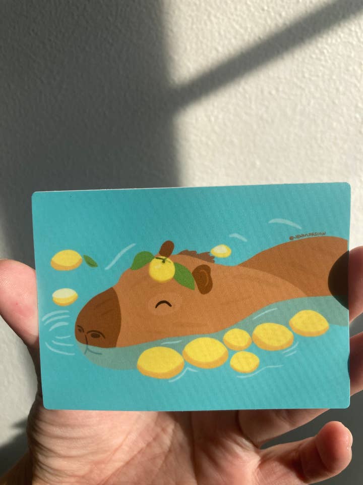 Simpatico adesivo in vinile con capibara che nuota con arance per la vendita all'ingrosso da parte di Jenn L Design