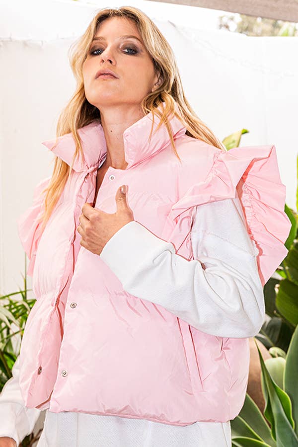 BUCKETLIST INC – wholesale Outerwear Vest - Women’s – IT1813-1 Ruffle Sleeve Crop Down Vest10