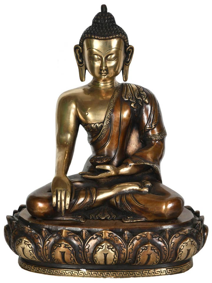 Bouddha bouddhiste tibétain en laiton sur terre, geste touchant pour la vente par Exotic India Art