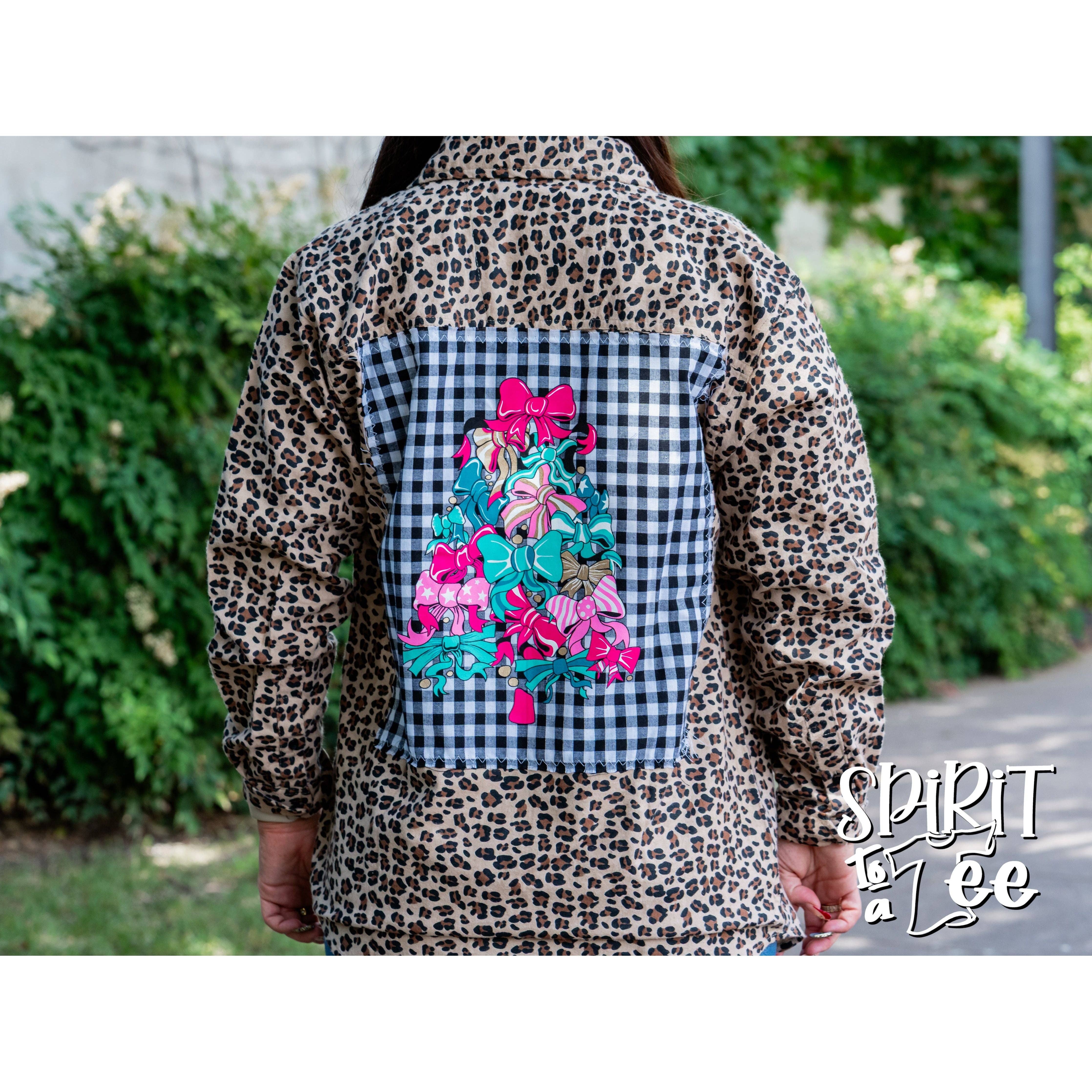Spirit to a Tee - Wholesale Button Down Shirt - Women's - Bow Tree Patch on an Animal Print Flannel1