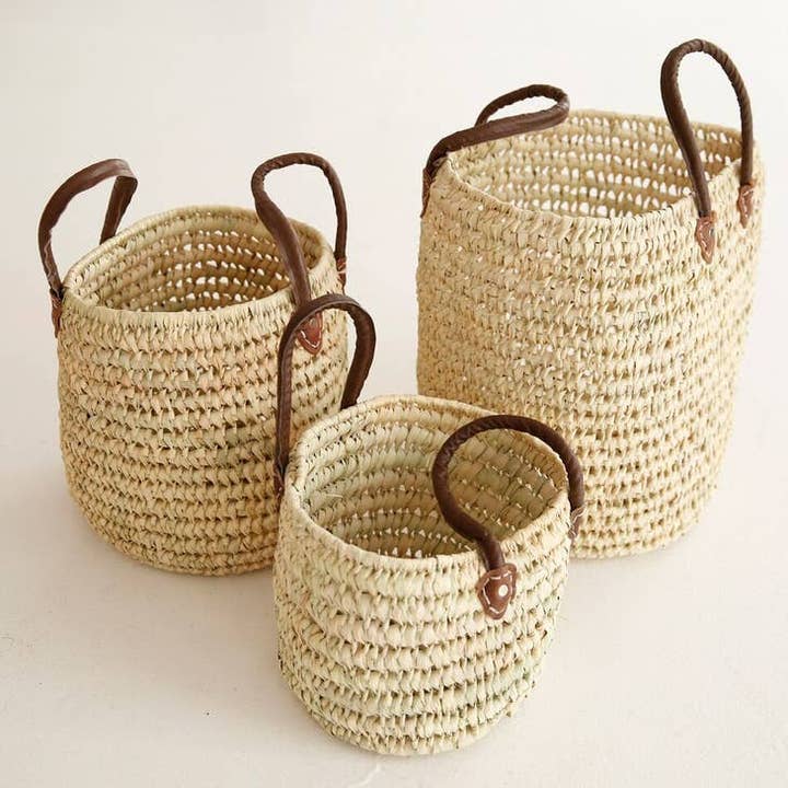 Boho Chic Storage Baskets With Leather Handles for wholesale by HandHappiness