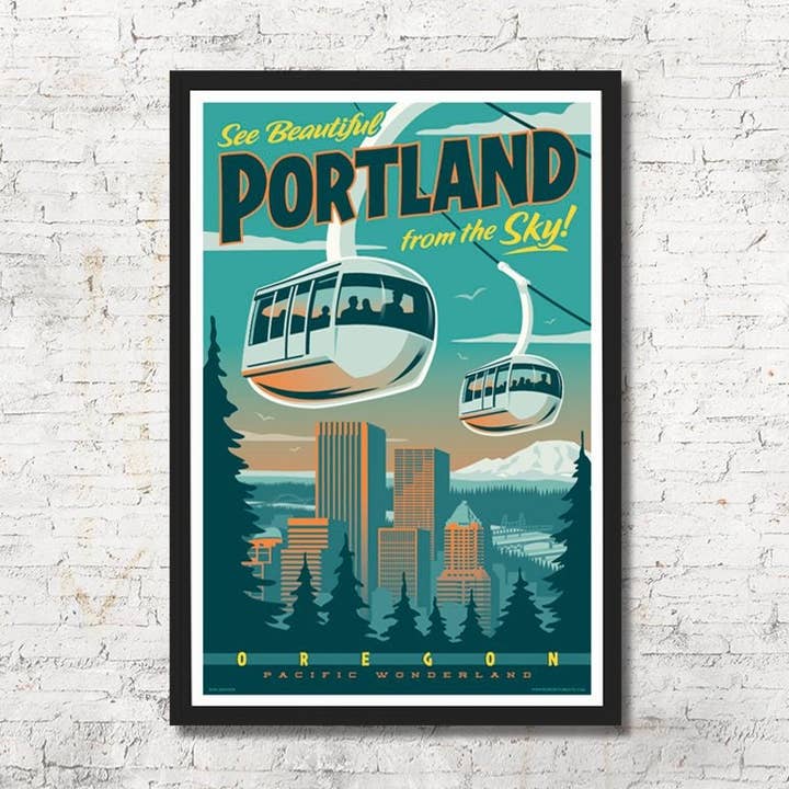 Decoración de pared con estampado artístico Portland Skyline Tram para venta al por mayor de Red Robot Design & Illustration