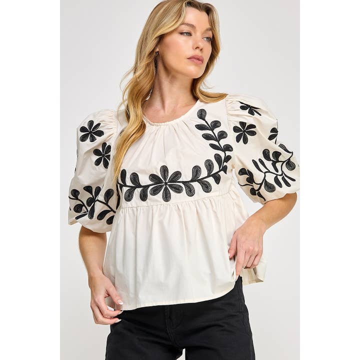 cream BOHO PUFF-SLEEVE EMBROIDERED TOP (ST7671) for wholesale on Faire