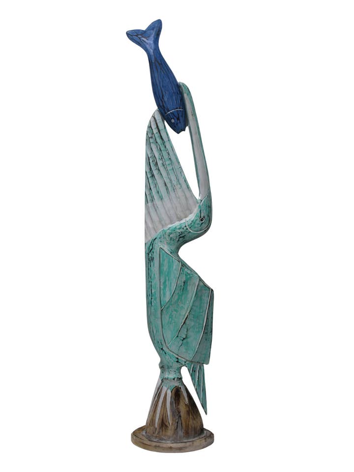 Pelican with Fish Huge 3 FT Hand Carved Sculpture Statue Tea for wholesale by White Elephant