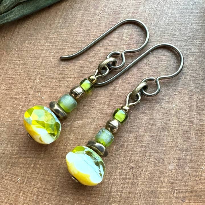 Rustic Bead Earrings Green White & Blue Swirl Boho Jewelry for wholesale by Vintage Earth