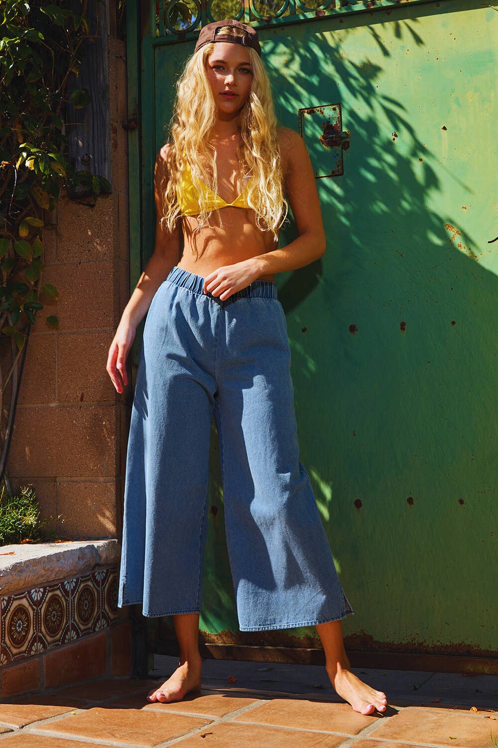 IT2266C Smocked Ruffle V-neck Crop Top Denim Blouse for wholesale on Faire7