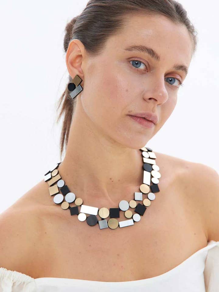 Bauhaus Rundhalskette Doppelschicht - Silber/Schwarz/Gold * für den Großhandel von Iskin Sisters