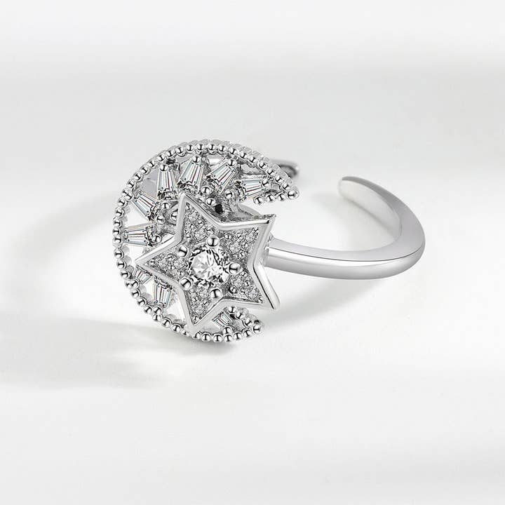 Perimade & Co. LLC - Wholesale Multi-Stone Ring - Moon Star Anxiety Fidget Spinner Ring in 925 Sterling Silver