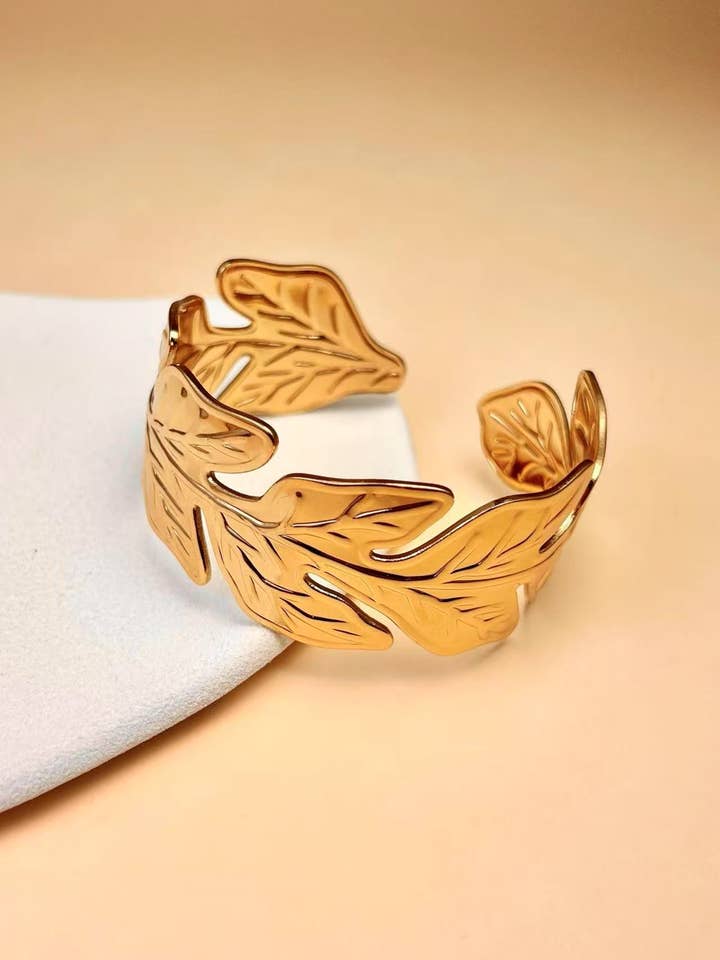 Engraved leaf cuff bracelet timeless nature elegance for wholesale by COSMOS