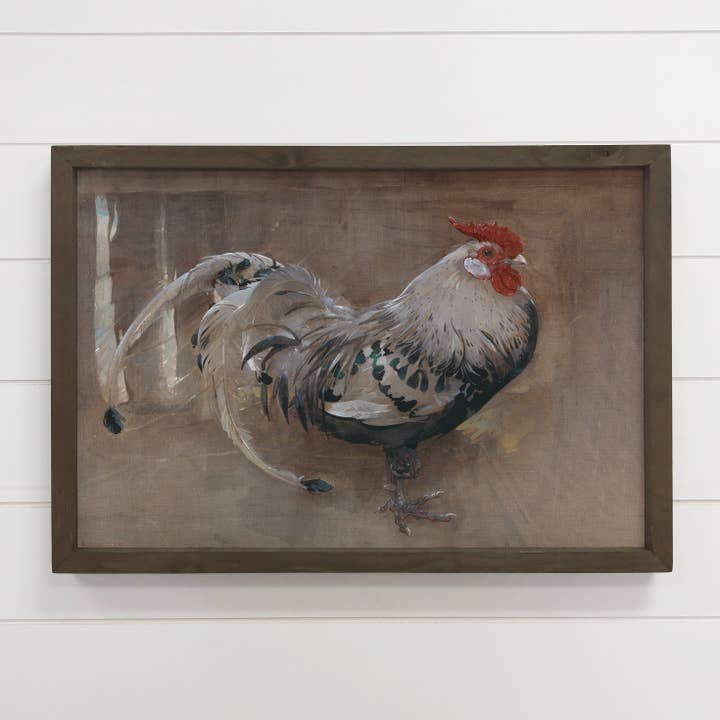 Spangled Rooster - Arte su tela con gallo - Opera d'arte incorniciata in legno per la vendita all'ingrosso da parte di Hangout Home