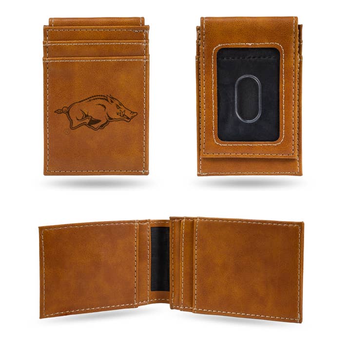 Arkansas Razorbacks Engraved Front Pocket Wallet, Brown for wholesale by Rico Industries