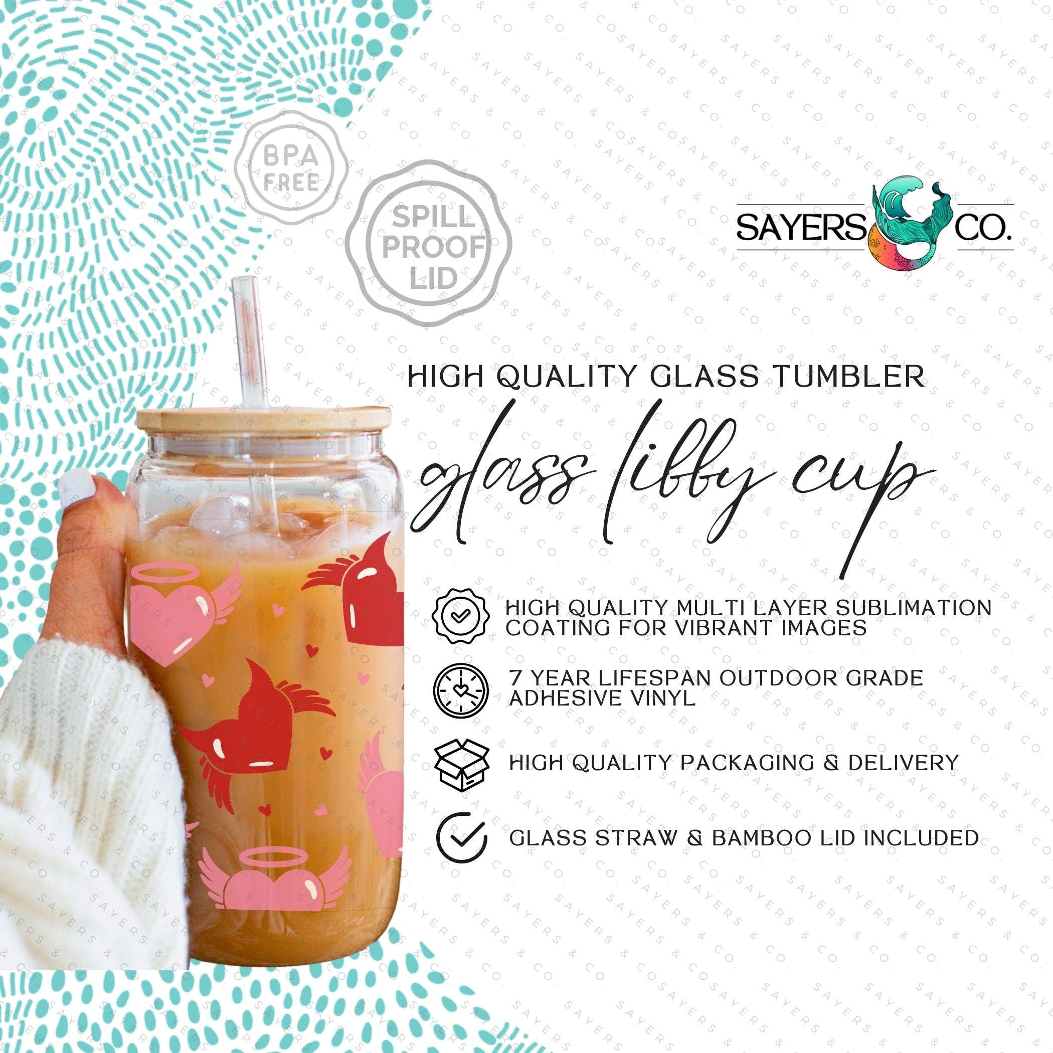 Sayers & Co. - Wholesale Drinking Glass/Cup - 16oz Valentine's Day Angel and Devil Hearts Glass Cup with Bamboo Lid & Straw #1000891