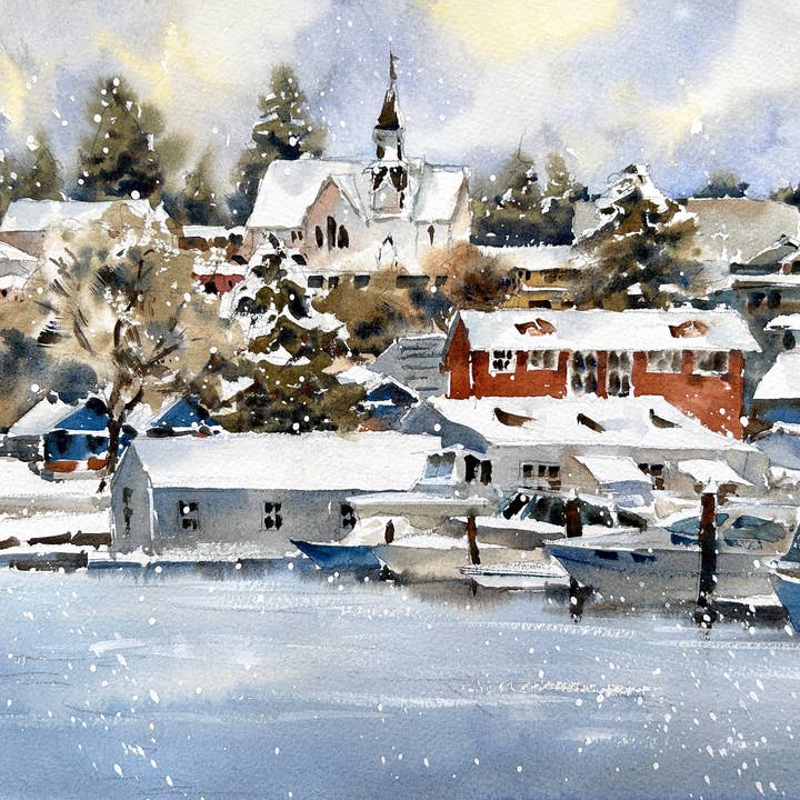 Snowy morning in Poulsbo - Limited Edition Print for wholesale by Ina Xi Watercolor