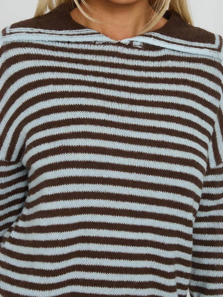 boxy loose collared knit sweater in brown & blue stripe for wholesale on Faire3