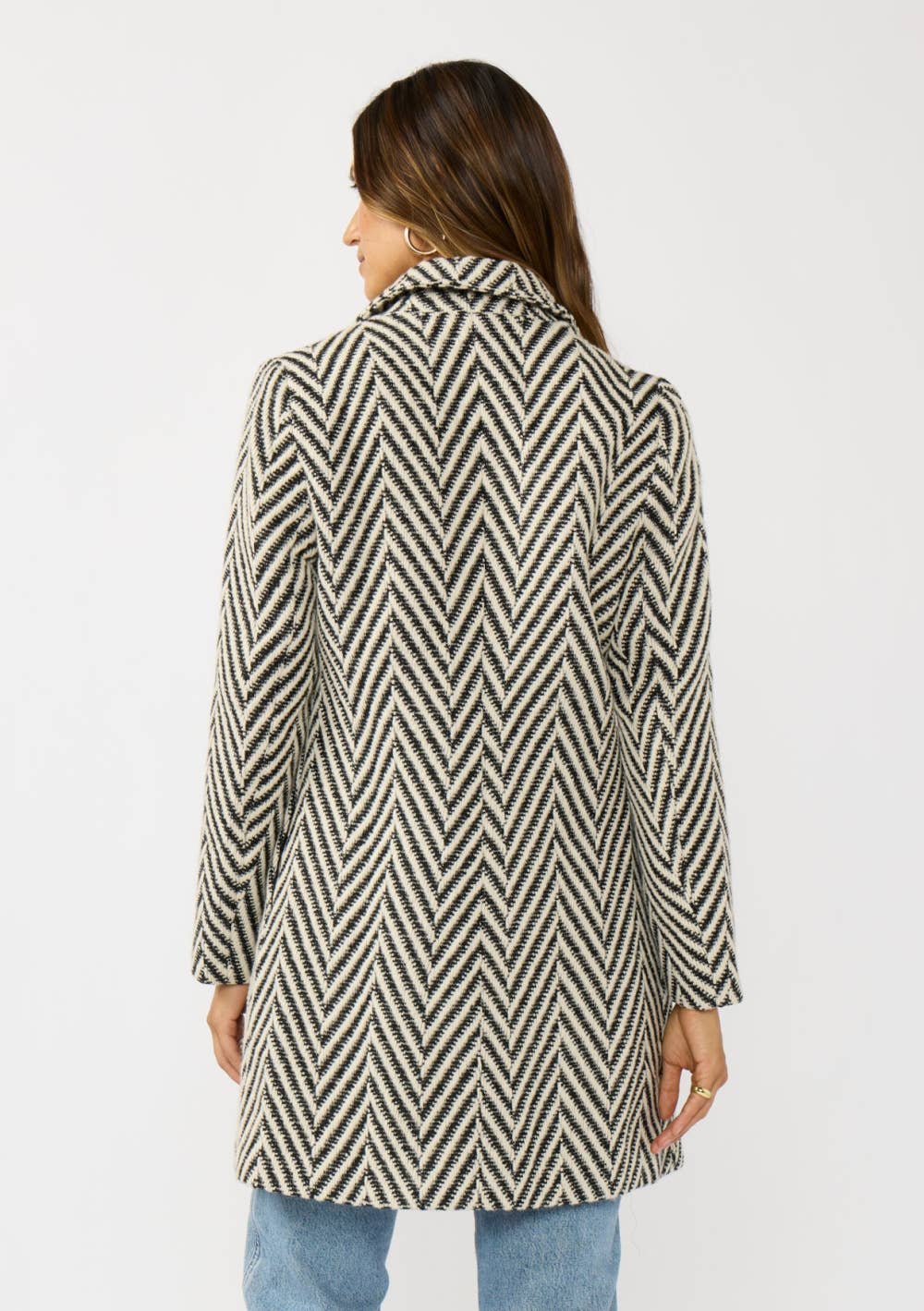 Cream Black Chevron Notched Lapel Long Sleeve Coat for wholesale on Faire2