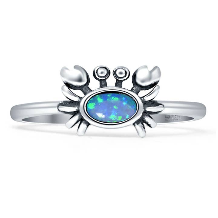 Oval Lab Created Blue Opal Crab Ring Oxidized Stackable Wholesale for wholesale by Blue Apple Imports