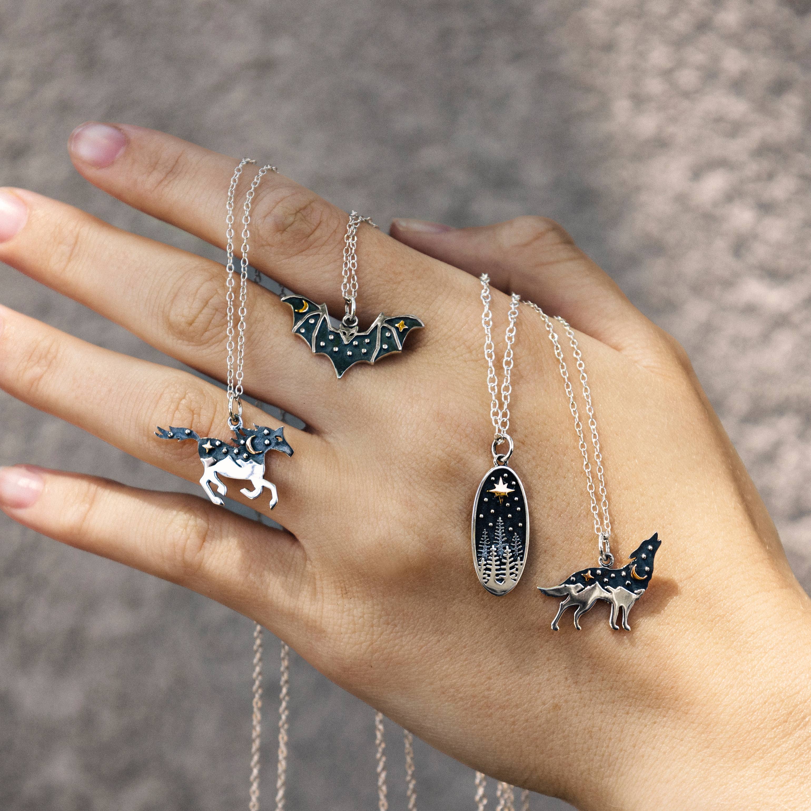 Nina Designs - Wholesale Pendant/Charm Necklace - Sterling Silver Mushroom Necklace with Bronze Star and Moon2