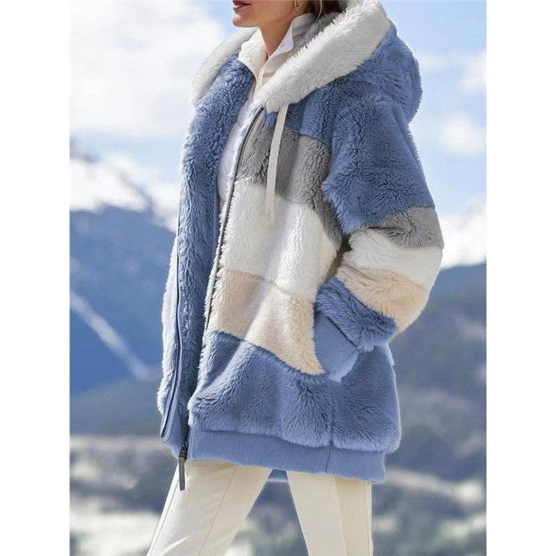 Ekartini - Vendita all'ingrosso Pelliccia/Pelliccia sintetica - Donna - Giacca invernale da donna alla moda in peluche patchwork con tasca con cerniera Giacca invernale con cappuccio Cappotto a maniche lunghe allentato retrò2