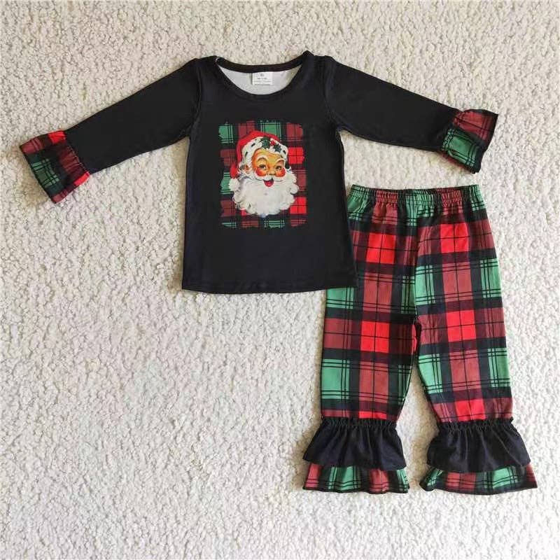 Aier Wholesale - Wholesale Top & Pant Set - Kids - Sibling Baby Girls Santa Snowman Green Face Tunic Pants Christmas Clothes Sets3