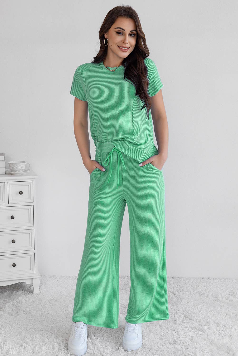 LA Society - Wholesale Lounge Set - Women's - Cable Knit Short Sleeve T Shirt and Wide Leg Pants Set6