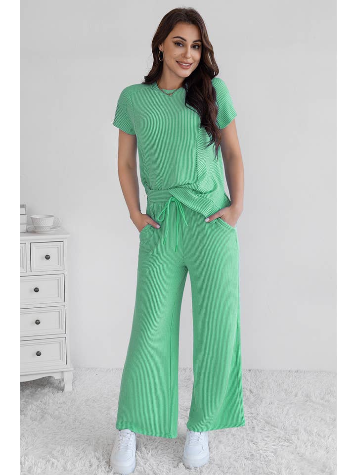 LA Society - Wholesale Lounge Set - Women's - Cable Knit Short Sleeve T Shirt and Wide Leg Pants Set6