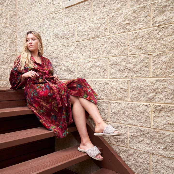 'Plush Petals' 100% Cotton Velvet Kimono Robe for wholesale by Glamthread