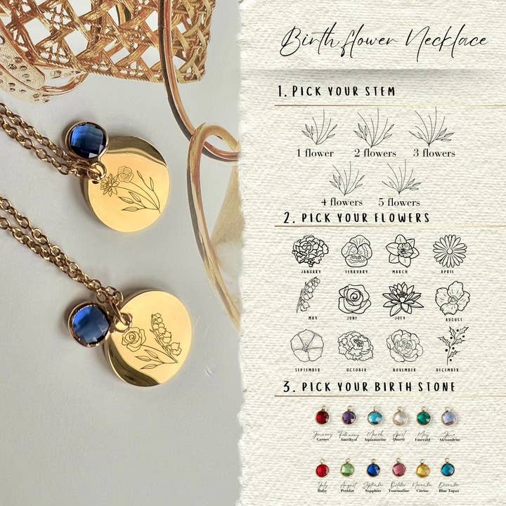 Collar con colgante de flor y piedra de nacimiento en oro para familia para venta al por mayor de Rossie Jewellery