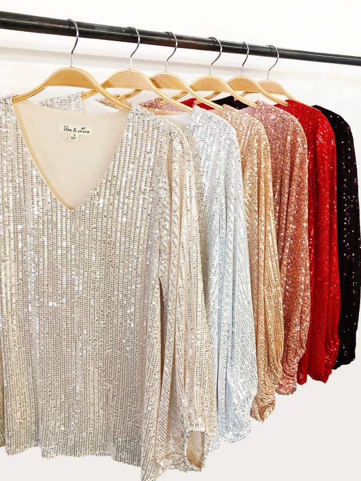 Vine & Love - Wholesale Blouse - Women's - V-Neck Balloon Sleeves Sequin Blouse Top VT31310A-3