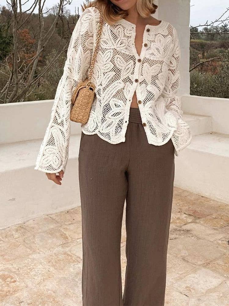 Beige Knit Button-Down Hollow Out Sweater Top for wholesale on Faire6