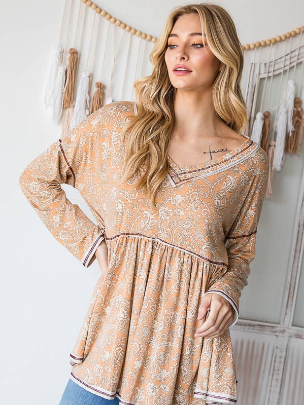 PAISLEY PRINT LONG SLEEVE TOP KRT1398 for wholesale by JADE BY JANE