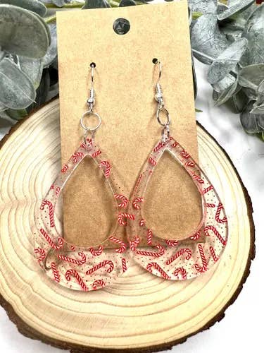 Candy Cane Open Teardrop Acrylic Earrings for wholesale by Lindsey Lane Wholesale