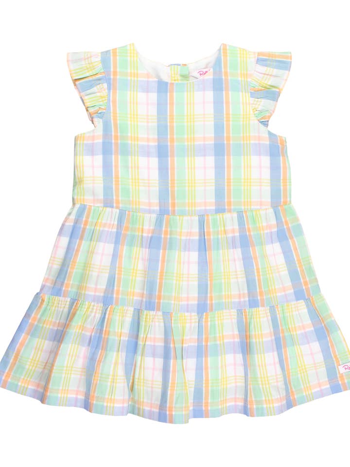 Multi Color Girls Clubhouse Rainbow Plaid Flutter Sleeve Tiered Dress for wholesale on Faire