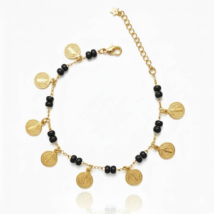 Guadalupe Gifts - Wholesale Charm/Dangle Bracelet - Gold-Plated Black Bead Coin St Benedict Bracelet 8"