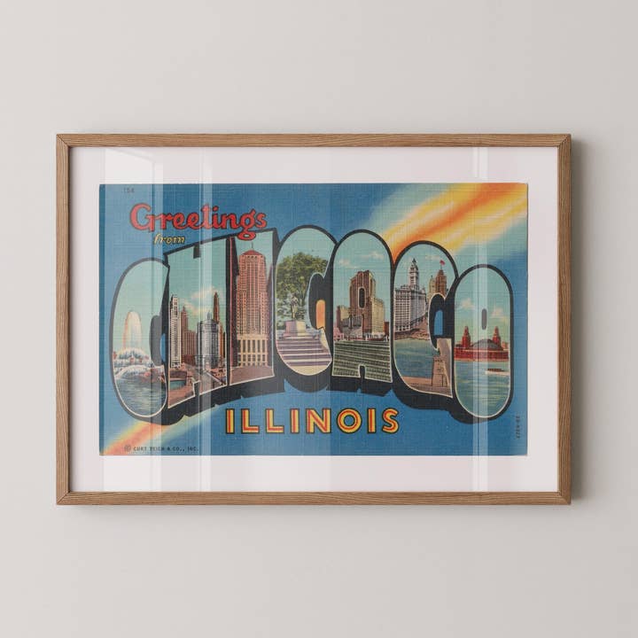 Groeten uit Chicago Ansichtkaart Fijn Kunstpapier Print voor wholesale door Retrospect Studios