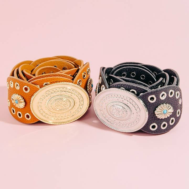 Western Turquoise Stud Faux Leather Oval Concho Chain Belt for wholesale by Collections by Fame Accessories